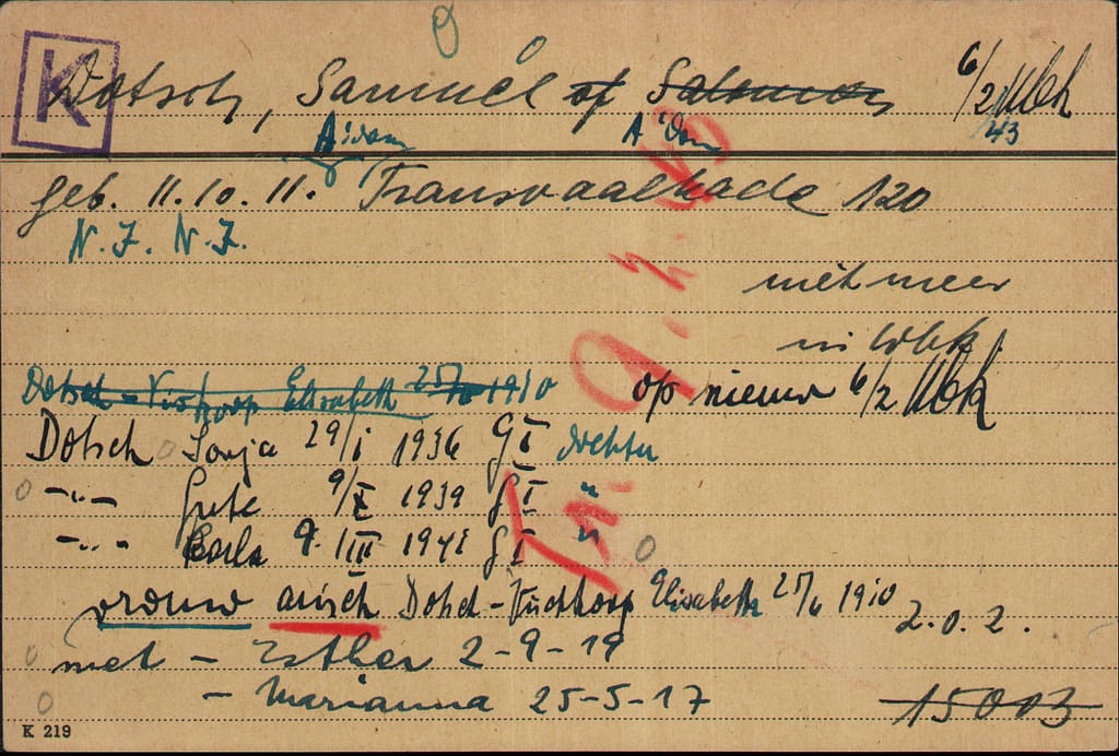 Joodse Raad-kaart van vader Samuel Dotsch. Beeld: Arolsen Archives