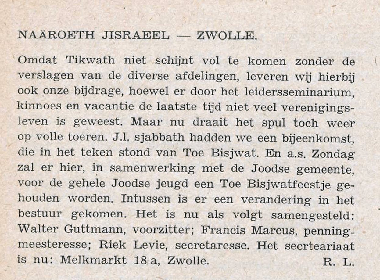 Riek is penningmeester van Naaroeth Jisraeel. In: Tikwath-Jisraeel, februari 1947