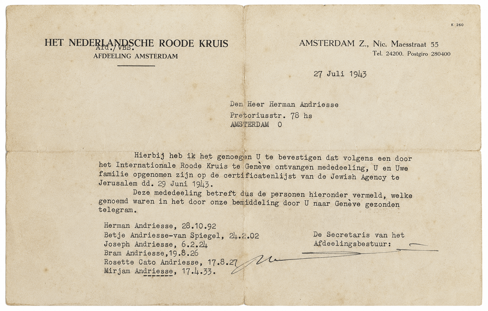 Brief van het Rode Kruis aan Herman Andriesse, over plaatsing op Palestinalijst, Amsterdam, 1943. Beeld: Collectie Joods Museum, Amsterdam
