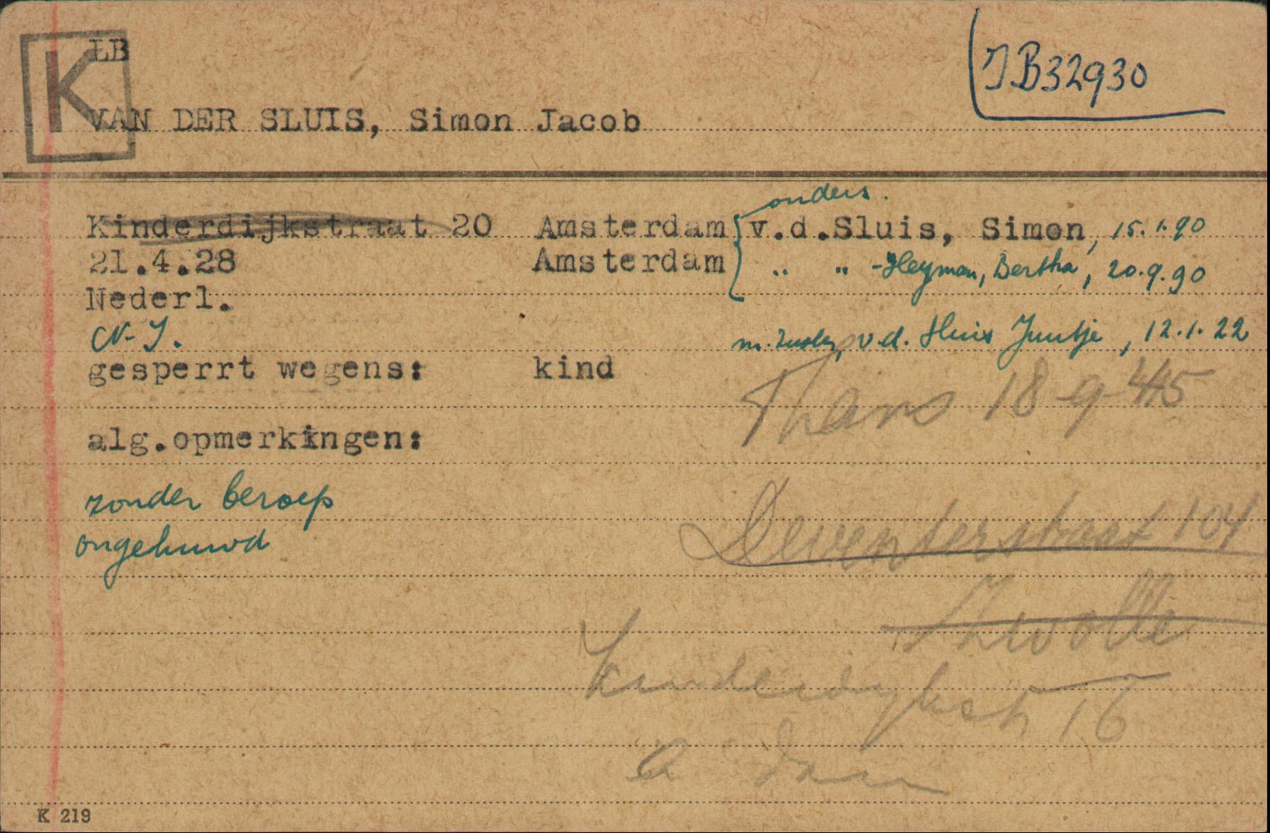 Joodsche Raad-kaart van Shimon (Simon van der Sluis). Beeld: Arolsen Archives