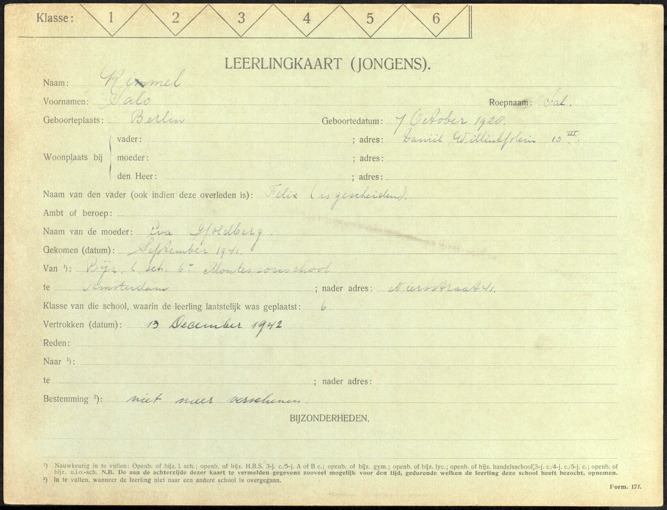 Leerlingenkaart van Sol Kimmel. Op de kaart staat dat Sol vertrokken is op 13 december 1942. Bestemming: niet meer verschenen. Beeld: Stadsarchief Amsterdam