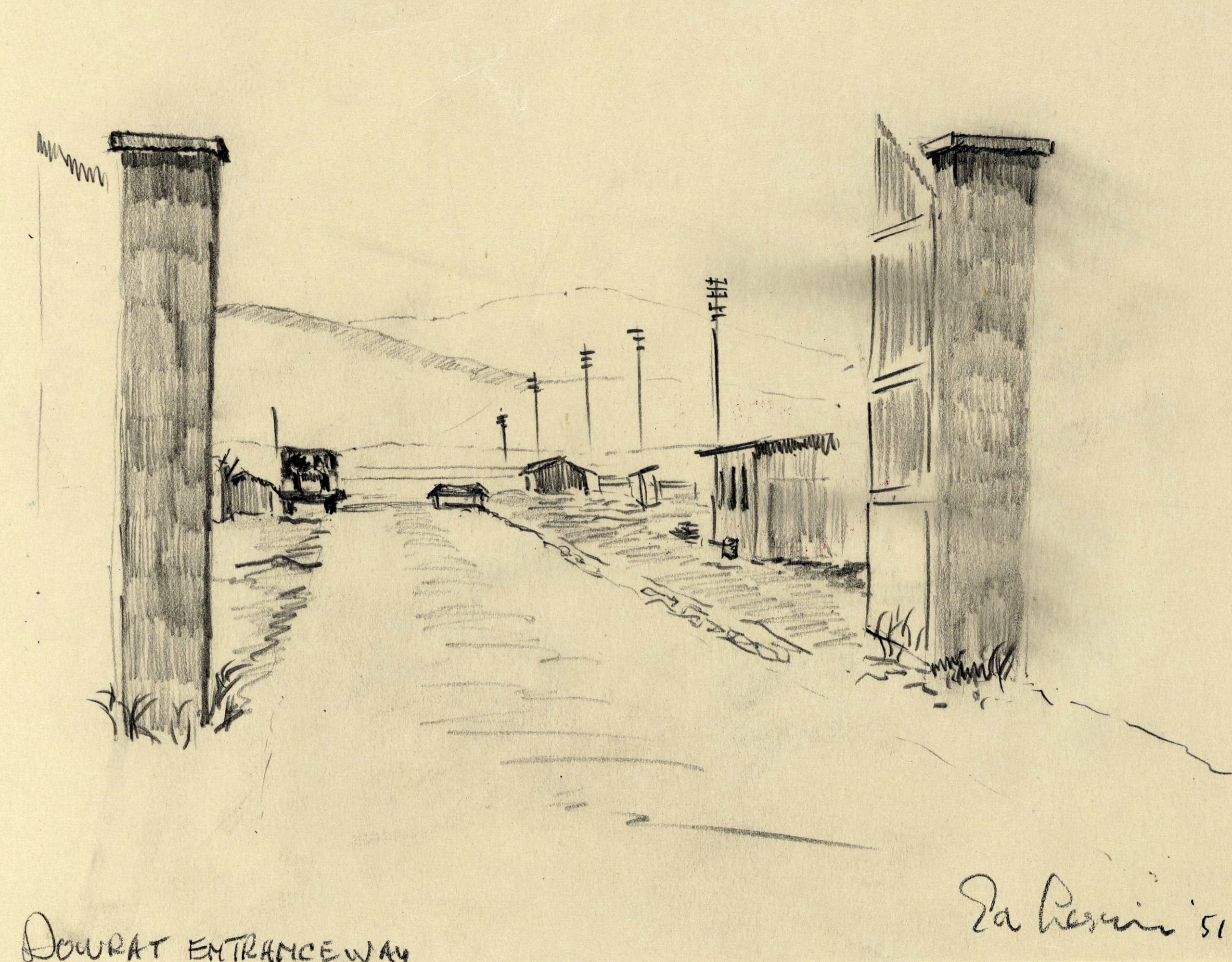Schets van de ingang van kibboets Dovrat, getekend door Ed. Beeld: USHMM