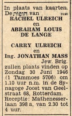 Aankondiging bruiloft van Rachel en Bram en Carry en Jonathan, NIW, 21 juni 1946