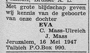 Bericht geboorte Eva, dochter van Carmela en Jonathan, NIW 25 mei 1947