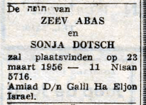 Aankondiging huwelijk van Sonja met Wim Abas, NIW, 9 maart 1956