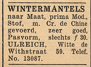 Advertentie voor wintermantels van Ulreich in Rotterdamsch Nieuwsblad, 31 oktober 1933