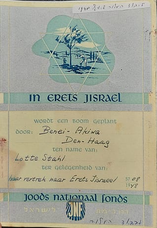 Bne Akiwa laat een boom planten in Erets Jisraël ter gelegenheid van Lotte Stahl (Zehava) die naar Erets Jisraël vertrekt, 1948