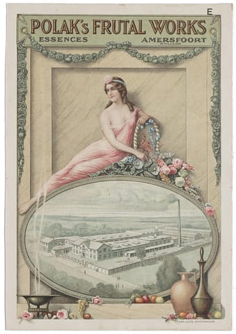 Reclameprent van Polak's Frutal Works, geurstoffen- fabriek aan de Nijverheidsstraat 7 (later Nijverheidsweg-Zuid). Met een afbeelding van de fabriek.