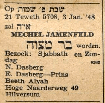 Mechel Jamenfeld wordt bar mitswa op 3 januari 1948. Aankondiging in het NIW, 26 december 1947.