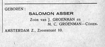 geboortebericht van Shlomo (Salomon Asser) Groenman in De Joodsche Wachter, 16 september 1932