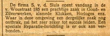 aankondingen van de opening winkel in de Van Woustraat 185 in Amsterdam. Nieuw Israelietisch Weekblad, 1 juli 1927 van der Sluis