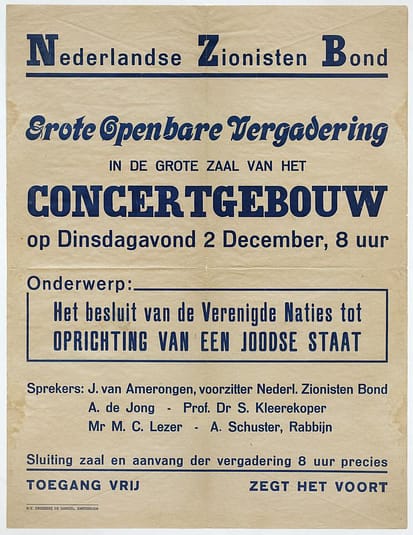 Aankondiging voor een openbare vergadering van de Nederlandse Zionisten Bond in het Concertgebouw, 2 december 1947. Collectie Joods Museum, Amsterdam