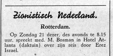 Aankondiging lezing van Maurits Bosman over zijn reis in Palestina, De-Joodsche Wachter, 19 mei 1939