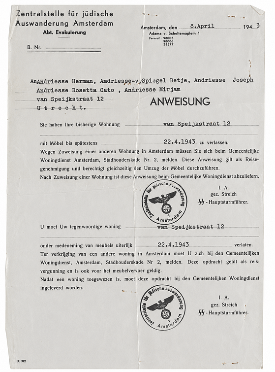 Oproep aan familie Andriesse voor hun verplichte verhuizing van Utrecht naar Amsterdam, april 1943. Beeld: Collectie Joods Museum, Amsterdam