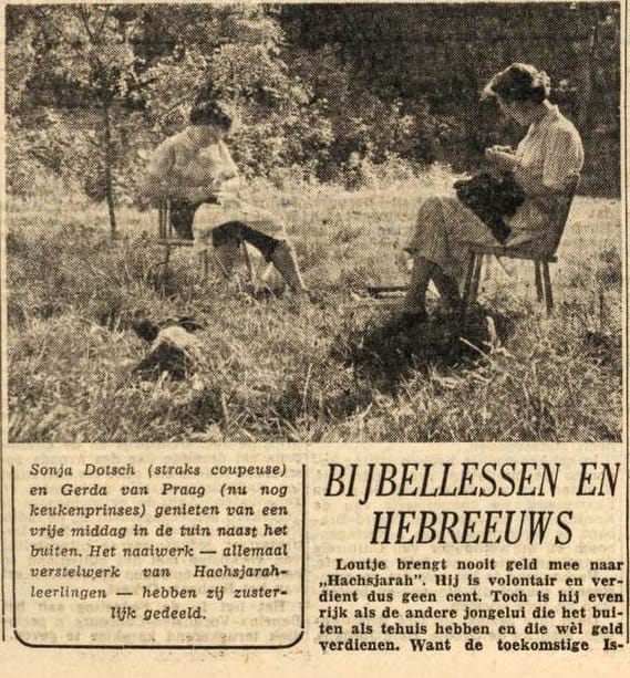 Artikel over de hachsjara in 's-Graveland waarvoor een foto is genomen van Sonja (straks coupeuse). Trouw, 11 september 1954