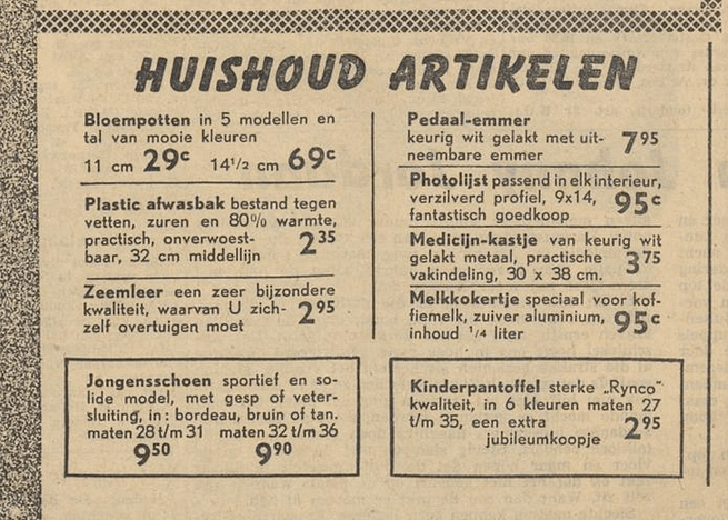 Advertentie van Vroom & Dreesmann voor de Rynco kinderpantoffel, gepubliceerd in de Provinciale Overijsselsche en Zwolsche Courant van 27 september 1956